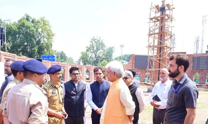 LG Manoj Sinha Inspects Progress of ‘Balidan Stambh’ in Srinagar